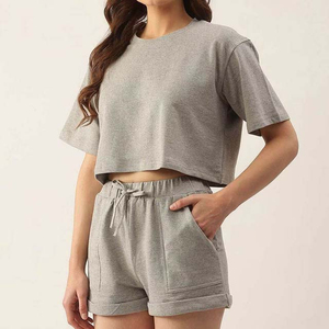 Women's Clothing Summer Lounge Wear Solid <b>Colour</b> Women's <b>Sets</b> Casual 100% Cotton Oversized T-Shirt And Short 2 Piece <b>Set</b> Women - Product Image 2