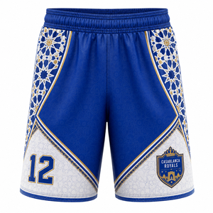 Shorts de basketball sublimés pour hommes Casablanca Royals, bleu et blanc, imprimé géométrique, taille élastique, 100 % polyester, coupe athlétique - Product Image 1