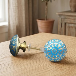 Turquoise <b>Gold</b> Brass Cabinet Knob Round Traditional Design for Kitchen <b>Drawer</b> Furniture Handle - Product Image 2