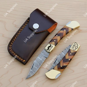 Couteau pliant en acier Damas, manche en bois et laiton, lame à pointe clip, couteau de poche EDC utilitaire pour extérieur/camping/chasse, 7,5 pouces, DIY - Product Image 6
