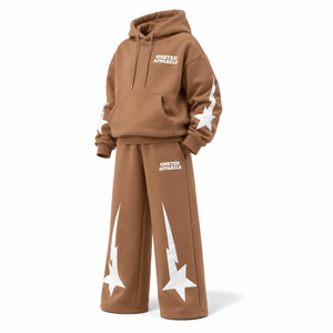 Custom Printed <b>Brown</b> Hooded Sweatshirt Wide Leg <b>Jogger</b> Pants Set Sleeveless Loose Fit Streetwear Geometric Print Unisex Infants - Product Image 3