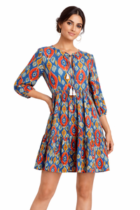 ชุดเดรสสั้นพิมพ์ลายอิกัต แขนยาว คอวี แต่งพู่ งานแฮนด์เมด ผลงานชิ้นเอก คุณภาพดีเยี่ยม ผ้าฝ้าย ชุดมินิเดรส - Product Image 5