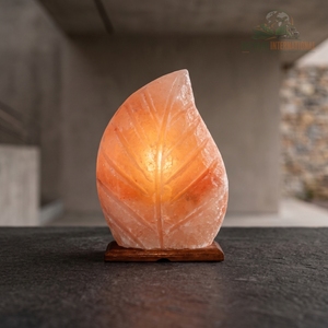 Lámpara de Sal del Himalaya Tallada a Mano, Lámpara de Mesa con Forma de Hoja de Sal de Cristal Rosa Natural, con Cable Regulador de Intensidad y Base de Madera - Product Image 2