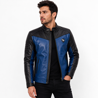 Blouson Moto Homme en Cuir et Toile Bleu Noir, Col Montant, Logo Frontal, Fermeture Éclair, Coupe Slim, Coupe-Vent, Idéal Hiver