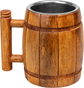 Chope à bière artisanale en bois avec tasse en acier inoxydable, mug vintage avec poignée, chope à bière pour bar à domicile, fête ou festival - Product Image 1