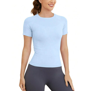 Camisetas Deportivas de Manga Corta para Mujer, Cierre con Cordón, Secado Rápido, Transpirables, Diseño a Cuadros, Corte Recto, para Gimnasio, Yoga - Product Image 3