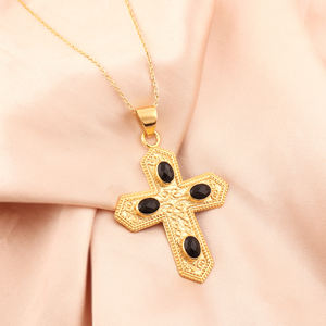Wholesale fashion necklace black onyx oval gemstone cross pendant necklace 18k gold plated designer religious jewelry necklace - Product Image 5