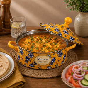 Casserole décorative en émail jaune et bleu à motifs floraux Marvel Handicrafts avec couvercle – Pot de service haut de gamme pour cuisine et table à manger - Product Image 3