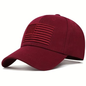 Gorra de Béisbol Color Granate de 6 Paneles con Logotipo Bordado de la Bandera de EE. UU. en la Parte Delantera, Ajustable, Unisex, Tela de Sarga, Estilo Casual - Product Image 1