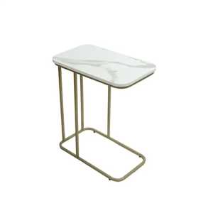 Rectangular White <b>Marble</b> Top C Shaped <b>Side</b> <b>Table</b> Gold Frame Minimalist Modern Handcrafted Eco Friendly Living Room Bedroom - Product Image 1