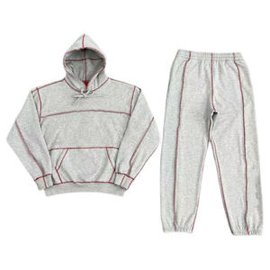 Gray Hooded Tracksuit Set Full Sleeve Solid Color Casual Wear with Side Pockets and Elastic Waist 100% Cotton Autumn Style - Product Image 1