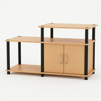 Meuble TV asymétrique industriel 1828 en bois, console multimédia avec rangement, étagère ouverte, centre de divertissement, panneau gris chêne