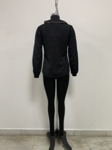 Women's Black <b>Long</b> <b>Sleeve</b> <b>V</b> <b>Neck</b> Blouse Contrast Piping Nylon <b>Top</b> Loose Fit Sporty Autumn Training Shirt - Product Image 2