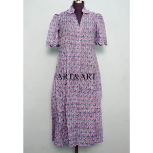 Robe en coton artisanale de qualité supérieure, imprimée au bloc, pour femmes, à manches courtes, et robe de fête pour filles, à prix de gros - Product Image 3