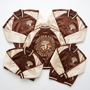 Blouson Bomber en Satin Zippé à Manches Raglan, Couleur Rouille, avec Broderie Graphique 'Autumn Harvest Farm Guild' au Dos, Style Varsity, Vente en Gros - Product Image 5