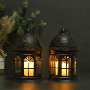 Decorative Antique Black Iron <b>Lantern</b> <b>Set</b> with Moon and Star Cutouts Flameless Candle Holder for Home Decoration - Product Image 2