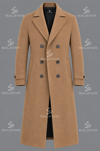 <b>Men's</b> <b>Long</b> <b>Wool</b> <b>Overcoat</b> Double Breasted Notched Lapel Slim Fit Winter Coat Brown Thick Material Classic Style - Product Image 3