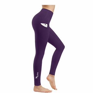 High Waist Full Length <b>Leggings</b> Navy <b>Blue</b> Knitted Stretch Breathable Sporty <b>Women's</b> Yoga Pants With Pockets - Product Image 5
