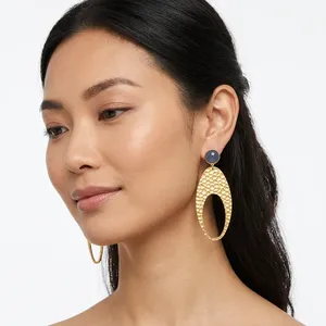 Pendientes Vintage de Calcedonia azul para mujer, joyería con acabado de Calcedonia azul, con textura martillada, para fiesta, regalo - Product Image 1