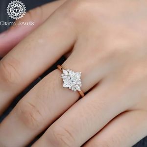 Charm Jewells Silver Rose Gold Plated <b>Cushion</b> Cut Moissanite Engagement Ring Flower Design Prong Setting Classic Style Women's - Product Image 2