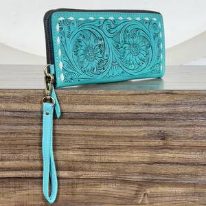 Bolso de mano para mujer, hecho a mano, de cuero genuino, con diseño de flor turquesa, con cremallera, multiusos, estilo occidental. - Product Image 5
