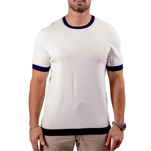 Camiseta Blanca de Cuello Redondo y Manga Corta para Hombre con Ribete en Contraste Azul Marino, de Algodón Tejido, Talla Grande, Largo Regular, Color Sólido - Product Image 1