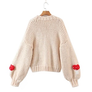 Cárdigan de punto para mujer con apliques de setas, cuello en V, manga farol, suéter informal de otoño - Product Image 3
