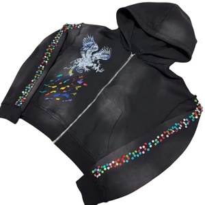 New Style 2025 Men's Acid Wash Boxy Fit Hoodie with 400GSM DTG Print and Full Rhinestone Accents Custom Rhinestone Hoodie - Product Image 1