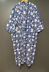 Kimono largo de algodón tejido a mano con estampado de bloques y cuello en V, bata de dama de honor, ropa de playa de secado rápido con mangas largas - Product Image 4