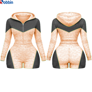 <b>Top</b> Trending Hot Selling Women's Hooded Color Block 2Pcs Short Set Sporty Zipper Knitted Spandex Polyester Spring Summer Workout - Product Image 4