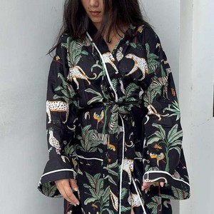 Kimono Bathrobe 100% Cotton Striped Loungewear V-neck Tie Waist Robe for Women Men Beach Wedding <b>Bath</b> Robe - Product Image 2