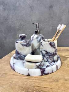 Ensemble de salle de bain en marbre - Ensemble d'accessoires de bain rustiques en pierre naturelle 5 pièces avec distributeur et plateau |   Décoration de vanité artisanale - Product Image 5