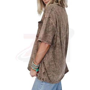 Camiseta de Manga Corta con Cuello en V para Mujer, 100% Algodón, Corte Holgado, Color Sólido Lavado, Estilo Bohemio con Bolsillo, para Primavera/Verano - Product Image 2