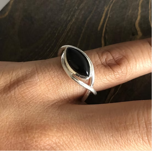 Bague en Onyx Noir en Argent Sterling 925, Bague Simple avec Pierre Noire en Forme de Marquise, Bande en Argent en Forme d'Œil, Bijou Cadeau - Product Image 3