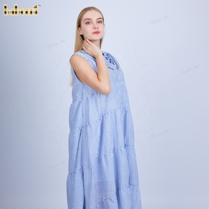Vestido Seersucker Azul Marino para Mujer con Bordado - LD05, Tejido a Rayas Medias, Ecológico, Cintura Natural, Sin Mangas, Transpirable - Product Image 3