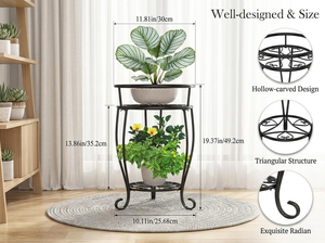 Support à plantes en fer forgé robuste à 2 niveaux, support de pot de fleurs haut pour intérieur et extérieur, résistant à la rouille, étagère d'angle en métal pour plantes - Product Image 3