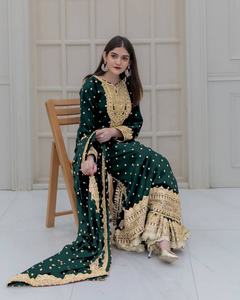 Tenue ethnique indienne et pakistanaise pour femmes, en georgette lourde brodée, Salwar Kameez Sharara, Dupatta fantaisie avec bordure en dentelle, pour mariage - Product Image 3