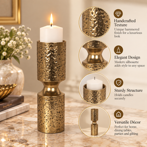 Support de bougie décoratif en métal doré, finition martelée, pour bougies coniques, décoration intérieure, centre de table, salle à manger, mariage | Décoration de fête - Product Image 4