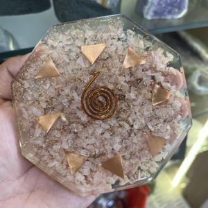 10 Cm Handmade Rose <b>Quartz</b> Orgonite <b>Plate</b> With Copper Spiral Octagon Reiki Chakra Healing Crystal Decor Orgone Coaster Gift - Product Image 3