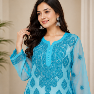 Trending Georgette <b>Chikankari</b> Kurti – Designer Sky Blue Floral Paisley Embroidered Long Ethnic Dress – Festive Ethnic Wear - Product Image 3
