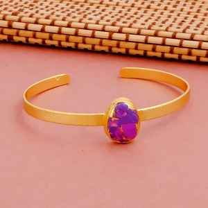 Purple Mohave <b>Jade</b> Stone Geometric Oval Open Cuff Adjustable Bangle Gold Plated Handmade Trendy Bezel Setting Statement Unisex - Product Image 5