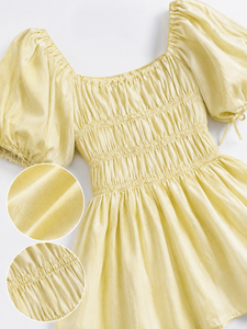 Robe d'été la plus vendue - Robe mini chic jaune plissée en coton respirant à col carré et manches bouffantes pour un usage quotidien décontracté - Product Image 6
