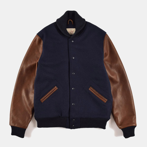 Navy Wool and Brown Leather Varsity Jacket for <b>Men</b> Classic Bomber Style Outerwear with Ribbed Hem Cuffs and Snap Button Front - Product Image 1