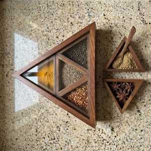 Wooden Spice <b>Box</b>, Triangular Shape with Four Containers, Indian Rosewood Crafted - Gift for Her - Product Image 1