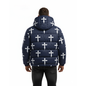 Nouvelle conception – Doudoune matelassée bleue à imprimé croix pour homme, avec capuche, manteau d'hiver bouffant, style streetwear, épais et chaud, personnalisable avec logo OEM - Product Image 5