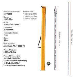 Bastone Telescopico in Alluminio da 25 Piedi, 6 Sezioni, Scala Bilaterale 1/10ft, Strumento di Misurazione Interamente in Alluminio - Product Image 5