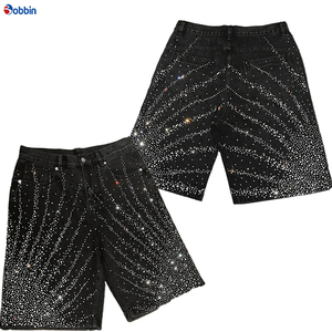 Pantalones Cortos de Mezclilla Tejida Estilo Hip Hop Casual de Verano con Lavado Vintage, Estampado Completo y Pedrería, Fabricación Personalizada, Pierna Recta para Hombre - Product Image 6