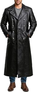 Men's Genuine Leather Long Parka Double Breasted Turn-down Collar Regular Sleeve Breathable Embossed <b>Black</b> Outerwear - Product Image 3