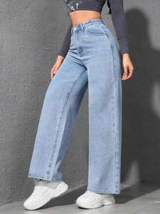 Jean large taille mi-haute pour femme, coupe ample, en denim extensible, style droit évasé, avec poches - Product Image 2