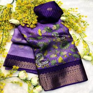 Soft Dola Silk Stylish Party Sarees with Kalamkari Design Jecqurd Butta Contrast Zari Weaving Hamsa Borders Blouse Shown in <b>Pic</b> - Product Image 1